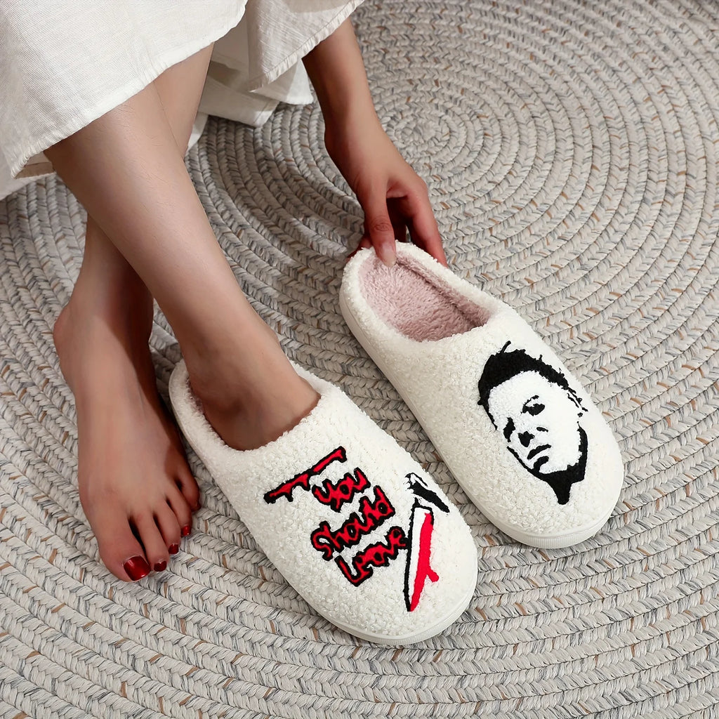 Halloween-themed plush slippers, featuring open-toe design for comfort and warmth, as well as  for indoor floor slippers
