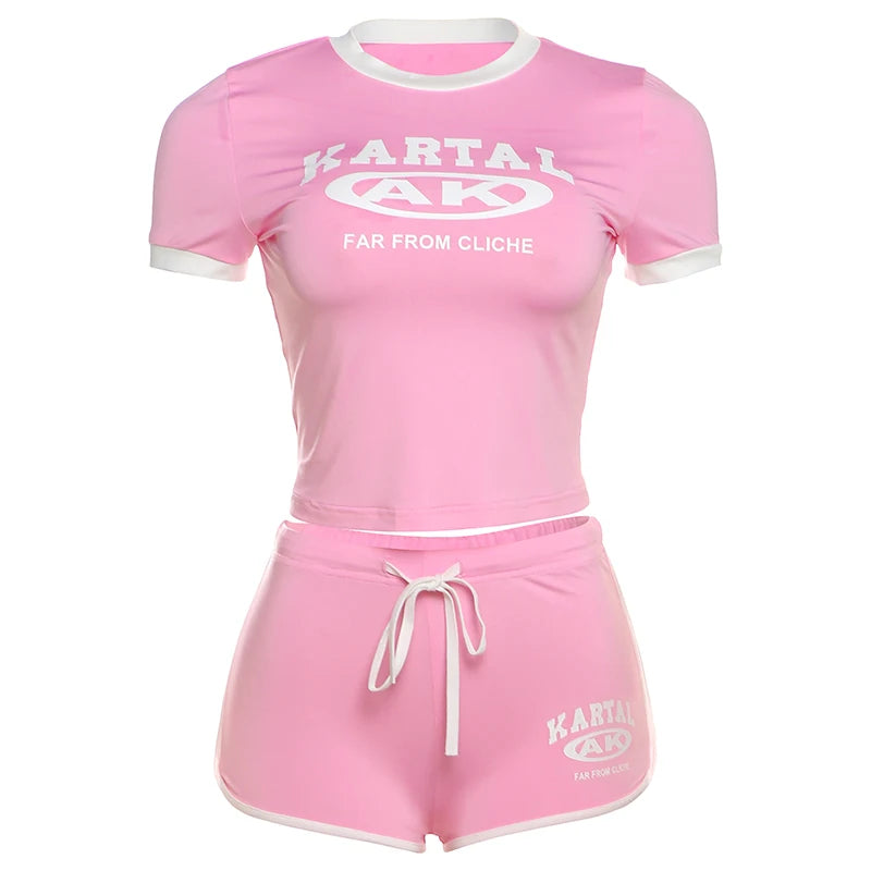 Nibber Tracksuit Letter Print 2 piece Set Women Activity Shorts Sleeve Crop Tops+Biker Shorts Matching Street Stretch Suits