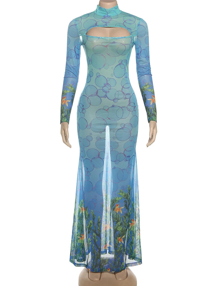 Weird Puss See Through Sexy Dress Women Hollow Hipster Colorful Print Skinny Stretch Midnight Party Clubwear Fishtail Bodycon