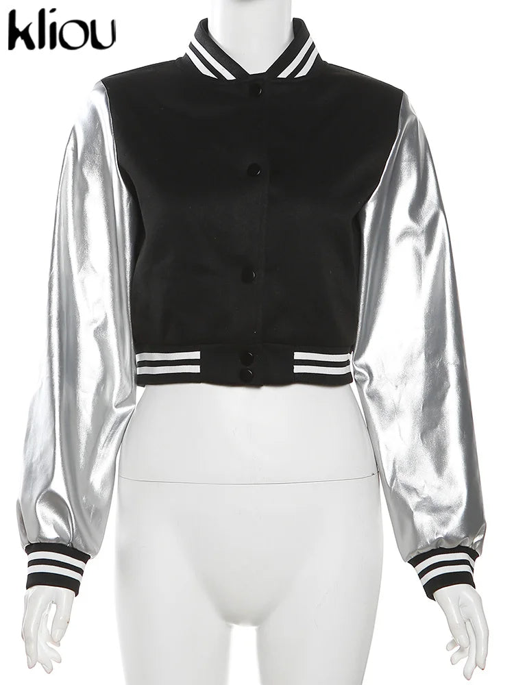 Kliou Letter Shape Patchwork Coats Women Casual Classic Panelled Long Sleeve Single Breasted Croped Jacket Female Street Outwear