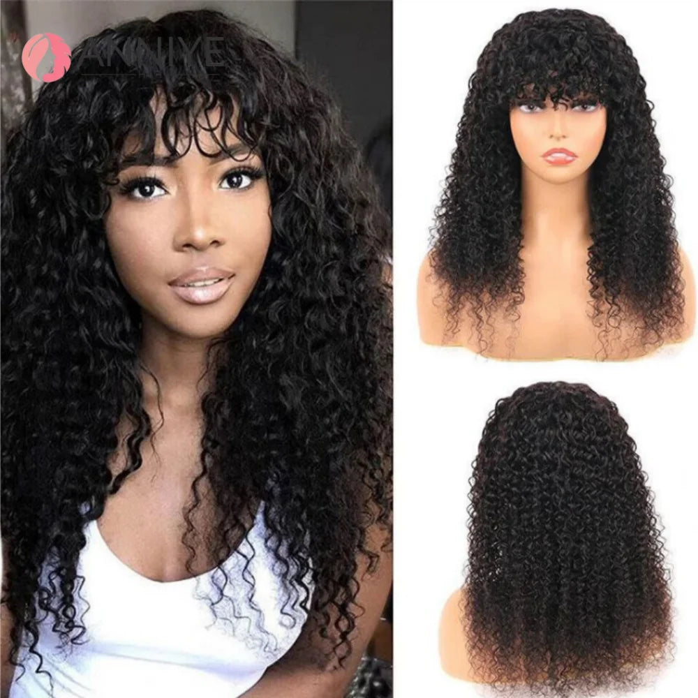 Water Wave Human Hair Wigs For Women Glueless Short Kinky Curly Bob Wig With Bangs Perruque Cheveux Humain Full Machine Made Wig