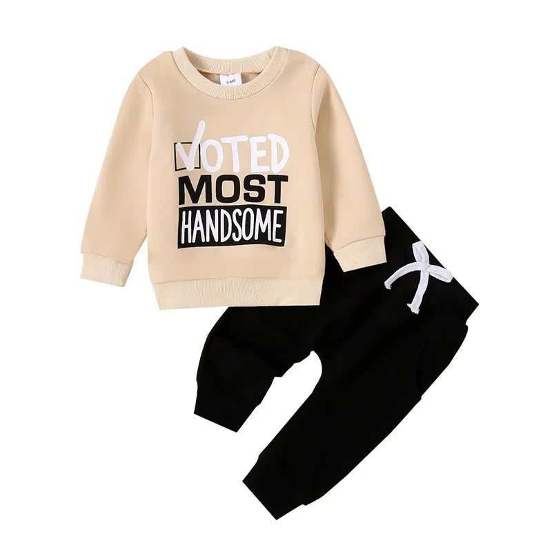 Pudcoco Infant Newborn Baby Boy Fall Outfit Letter Print Long Sleeve Sweatshirt Elastic Waist Pants with 3D Bow 2 Piece Set 0-3T