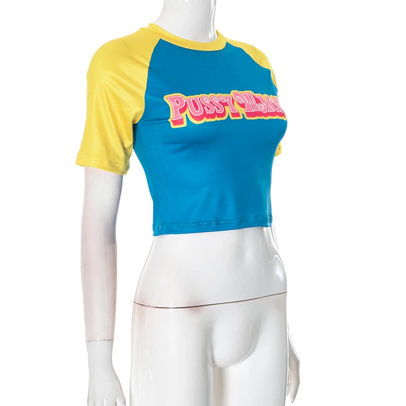 CUTENOVA Letter Printed Color Clashing Round Neck Pullover Spice Girls Short Halter Short Sleeve T-Shirt Tops For Y2K Girls Wear