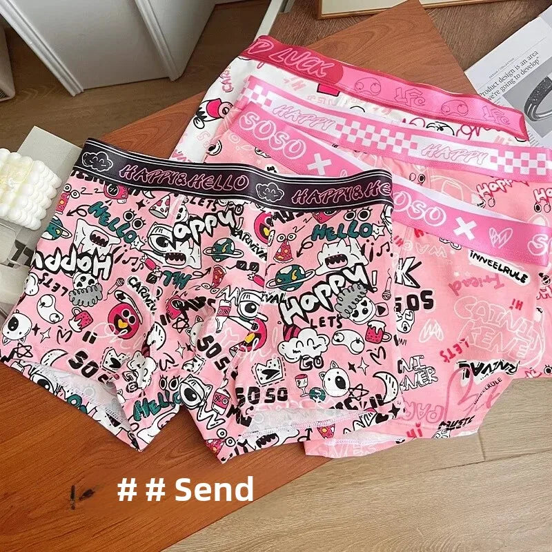 Trendy Pink Cotton Boxer Shorts for Men Cute Cartoon Design Bagged Four Corner Briefs Comfortable Breathable Men's Underwear