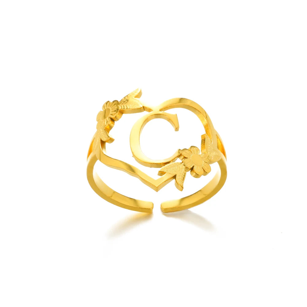 Stainless Steel Gold Color Heart A-Z Letter Rings For Women Anillos Mujer Love Open Initials Name Alphabet Ring Jewelry Gift