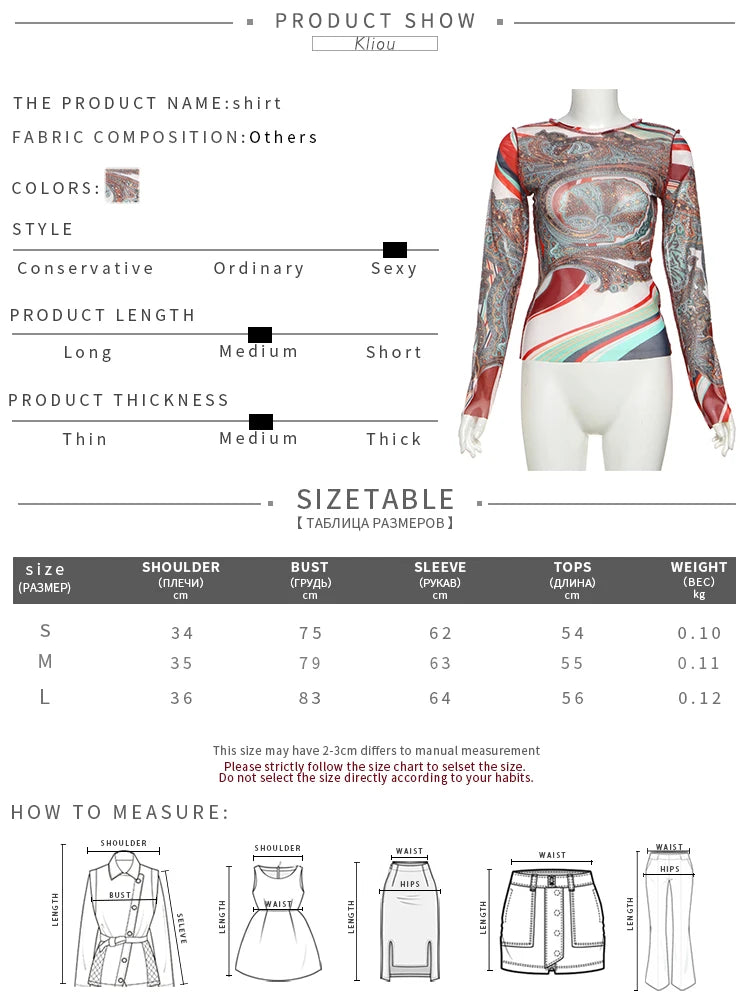 kliou Mesh Festival Printed Women T-shirts Autumn Hipster New Full Sleeve O-neck Skinny Crop Tees Female Thin Wild Streetwear