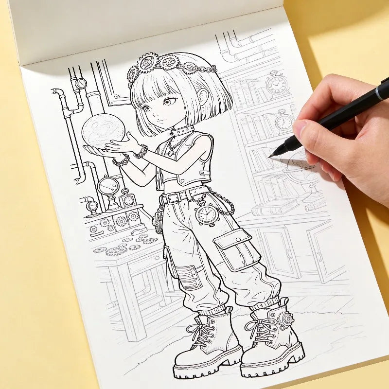 One Adult Decompression Hand Drawn Graffiti Book, Steampunk Gear Girl Coloring Book, Artistic Line Drawing and Imitation Book