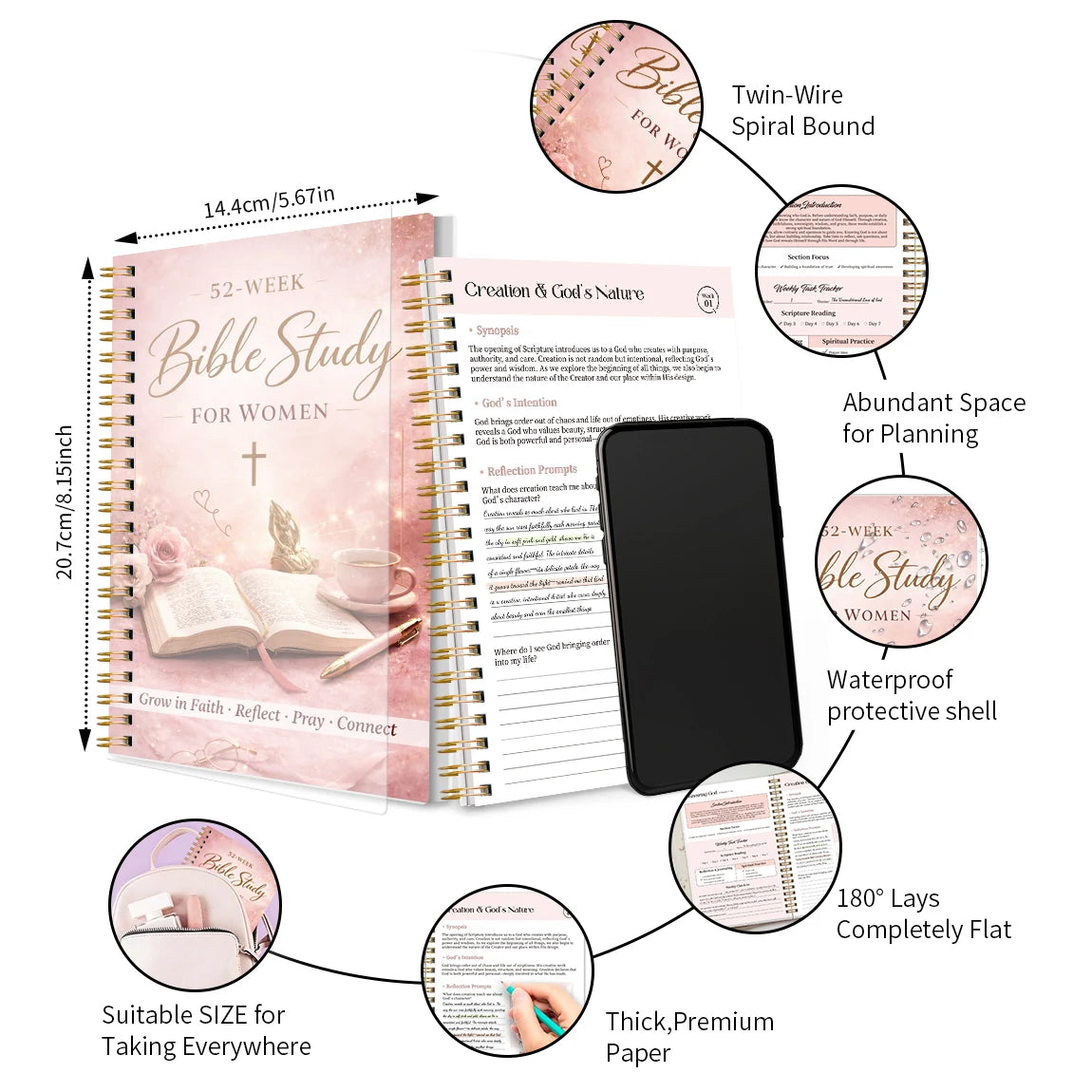 52 Week Bible Study Journal for Women Spiral Bound Guided Faith Planner with Daily Reading Reflection Tracker