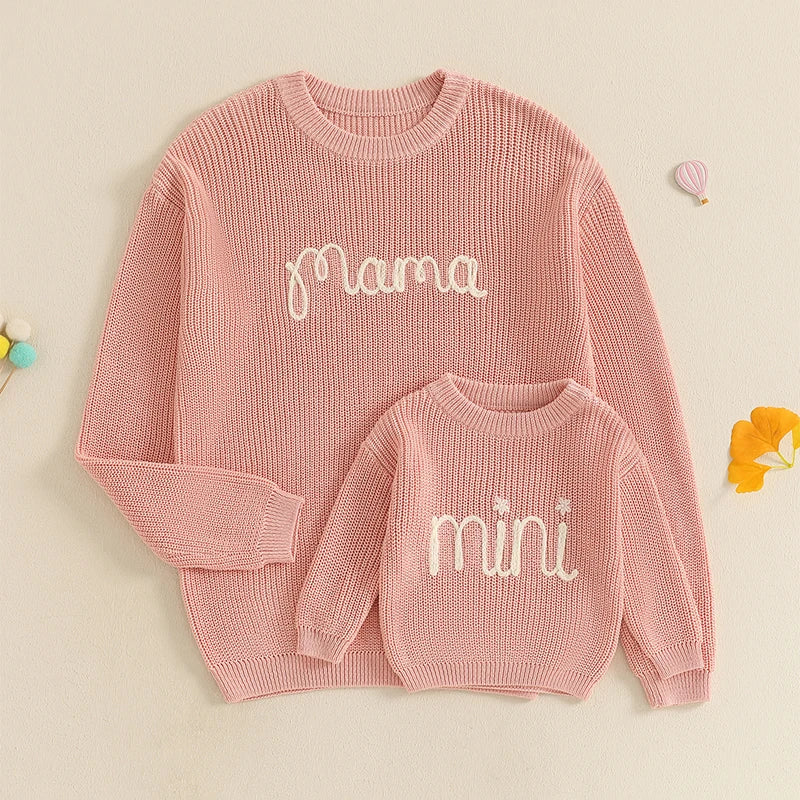 Family Matching Sweaters Mommy and Me Letter Embroidery Round Neck Knitwear Comfortable Warm Tops