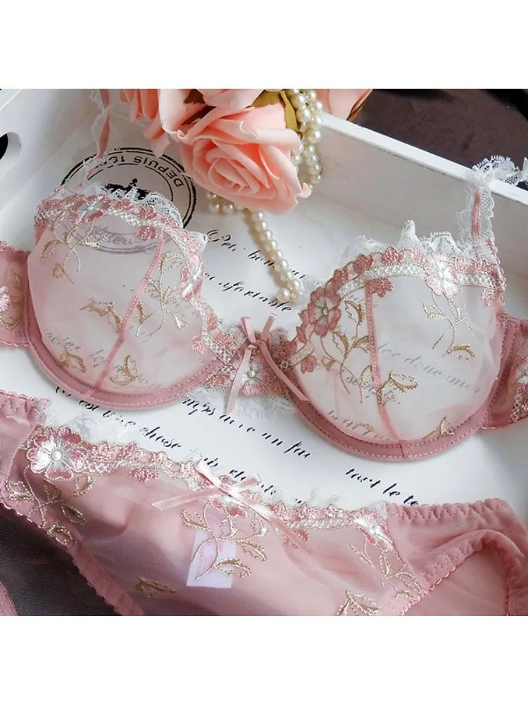 Luxury European and American Underwear Women Thin Big Size Sexy Bra Big Chest Small Lace Transparent Bra Set Perspective Winter