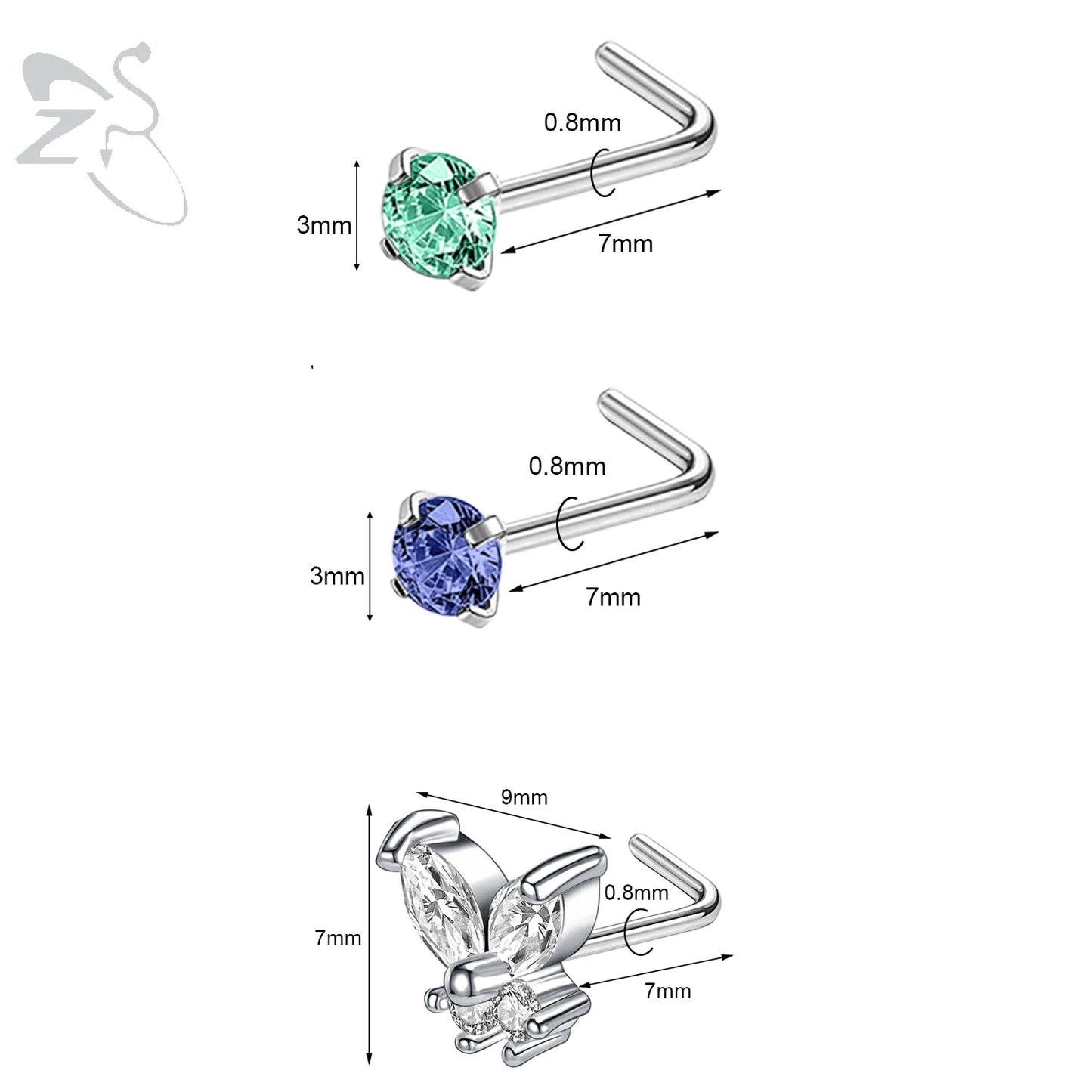 ZS 3pcs/lot 20G Stainless Steel Nose Stud Set Moon Heart Butterfly Crystal Nose Piercing Screw L Shape Nostril Piercing Jewelry