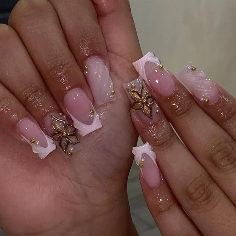 24Pcs Brown Long Coffin False Nails Glitter Ballet Wearable with French Design Fake nails Full Press on Nail Ins Nail Tips Art
