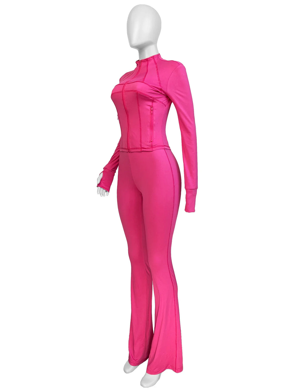 Pant Sets Two Piece Set Women Sexy Slim Fit Zipper Top Stand Collar Solid Sporty Casual Splice Flare Pants Elastic Waist