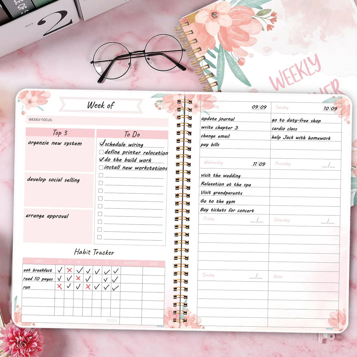 1pcFloral Weekly Planner Notebook, Spiral Weekly Journal with To Do List, Habit Tracker & Notes Pages
