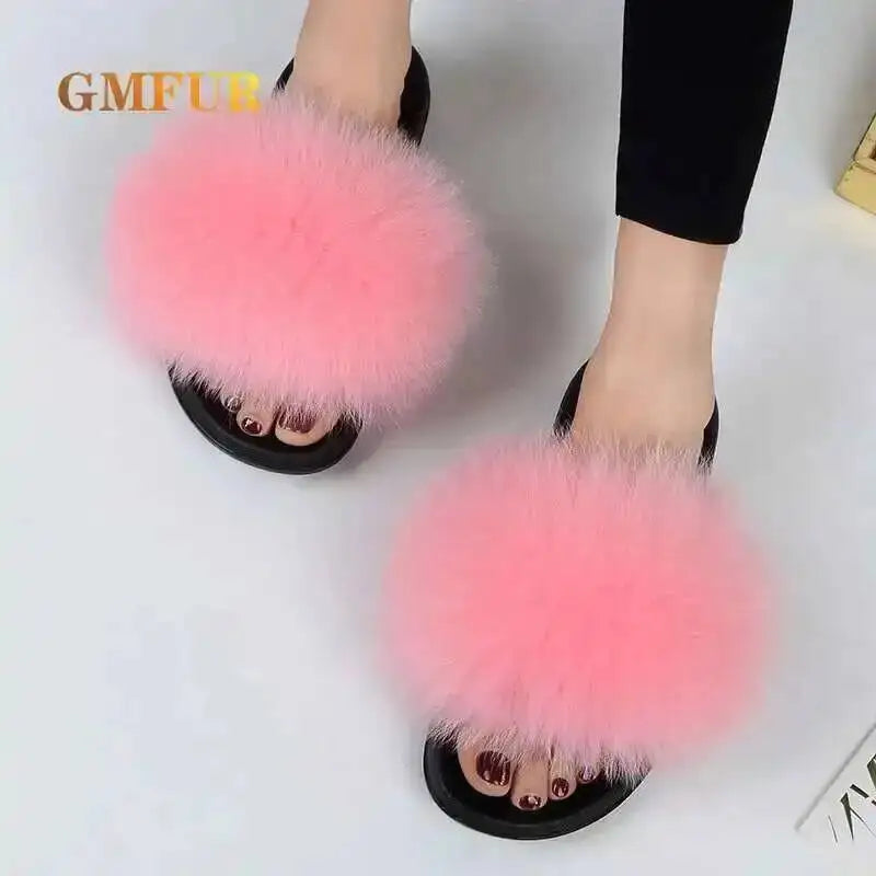 Ladies Real Fox Fur Slippers Summer Female Slides New Fuzzy Indoor Home Flats Women Cute Sandals Outdoor Beach Shoes Flip Flops