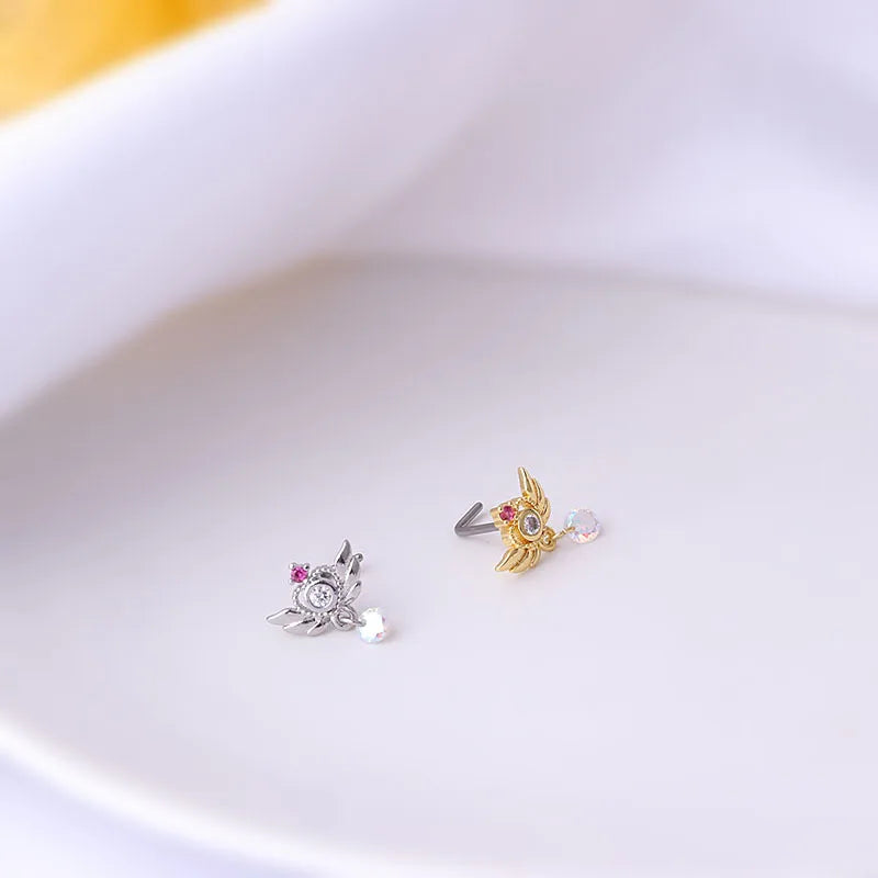 1Piece Fashion L Shaped Dangle Nose Studs Piercing 20G Stainless Steel Flower Moon Tassels Zircon Nostril Screw Piercing Jewelry