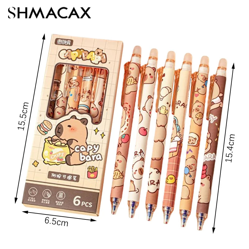 6Pcs Cute Capybara Erasable Pen Blue Ink Writing Smooth Quick-Drying Pens School Office Accessories Students Stationery Gift