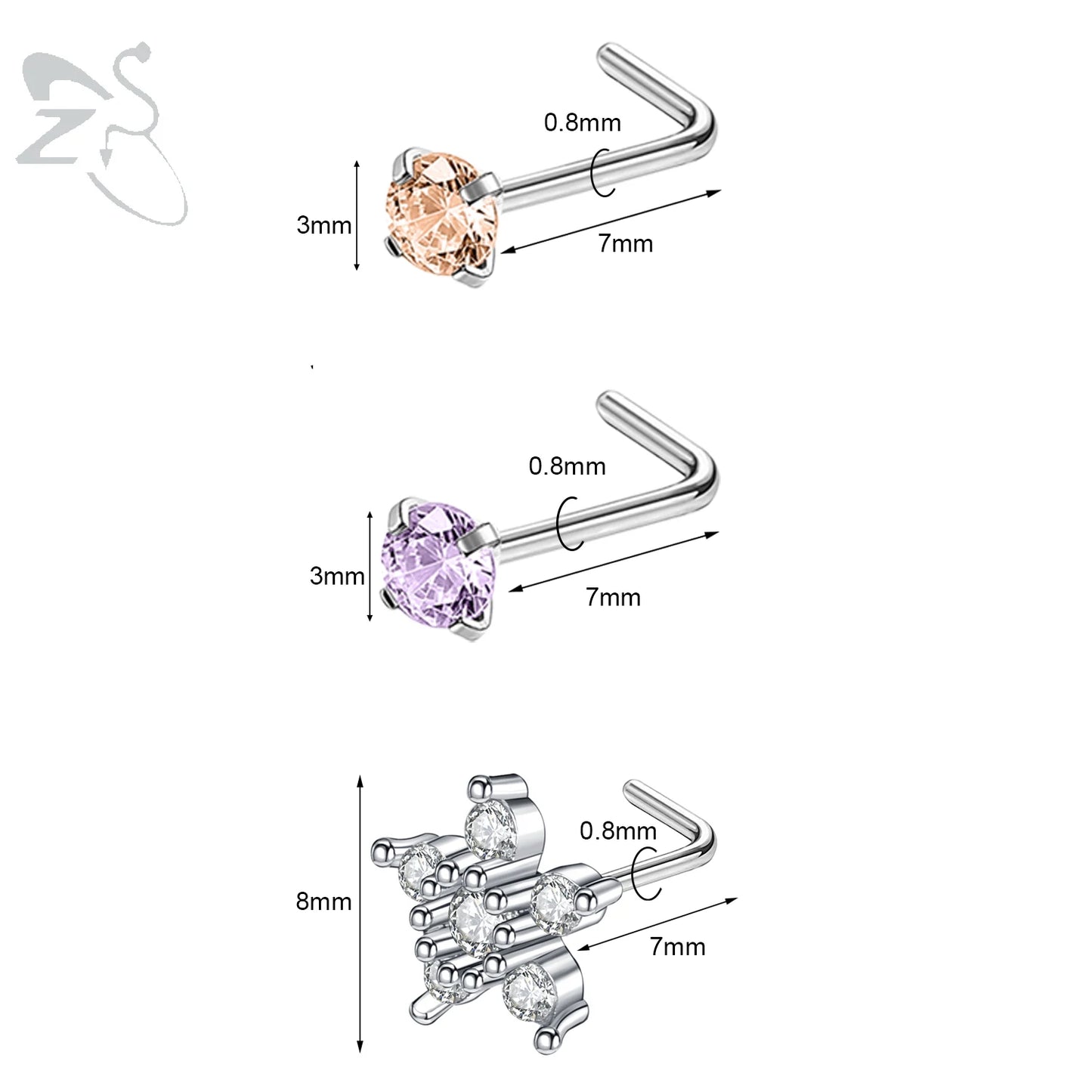 ZS 3pcs/lot 20G Stainless Steel Nose Stud Set Moon Heart Butterfly Crystal Nose Piercing Screw L Shape Nostril Piercing Jewelry