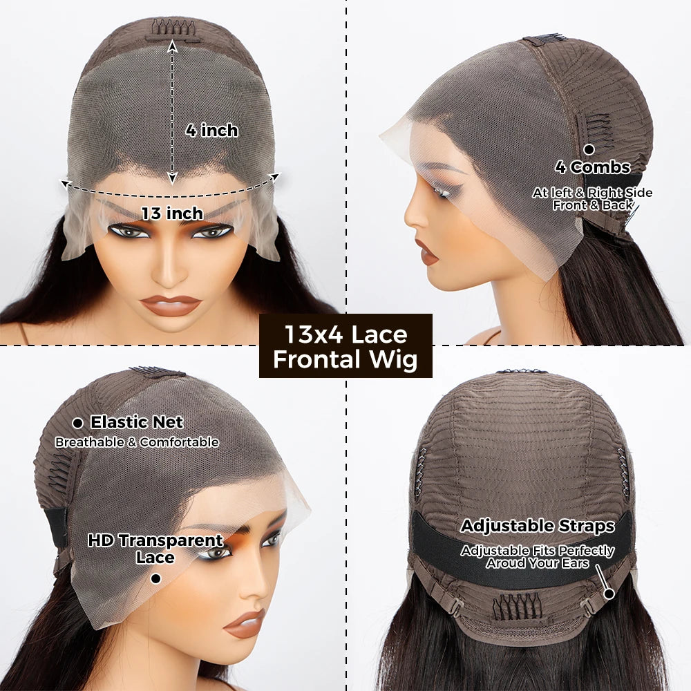 13x4 Natural Black 200 Density Deep Wave Brazilian Virgin Hair HD Transparent Lace wig Frontal Wig Pre plucked Wig For Women