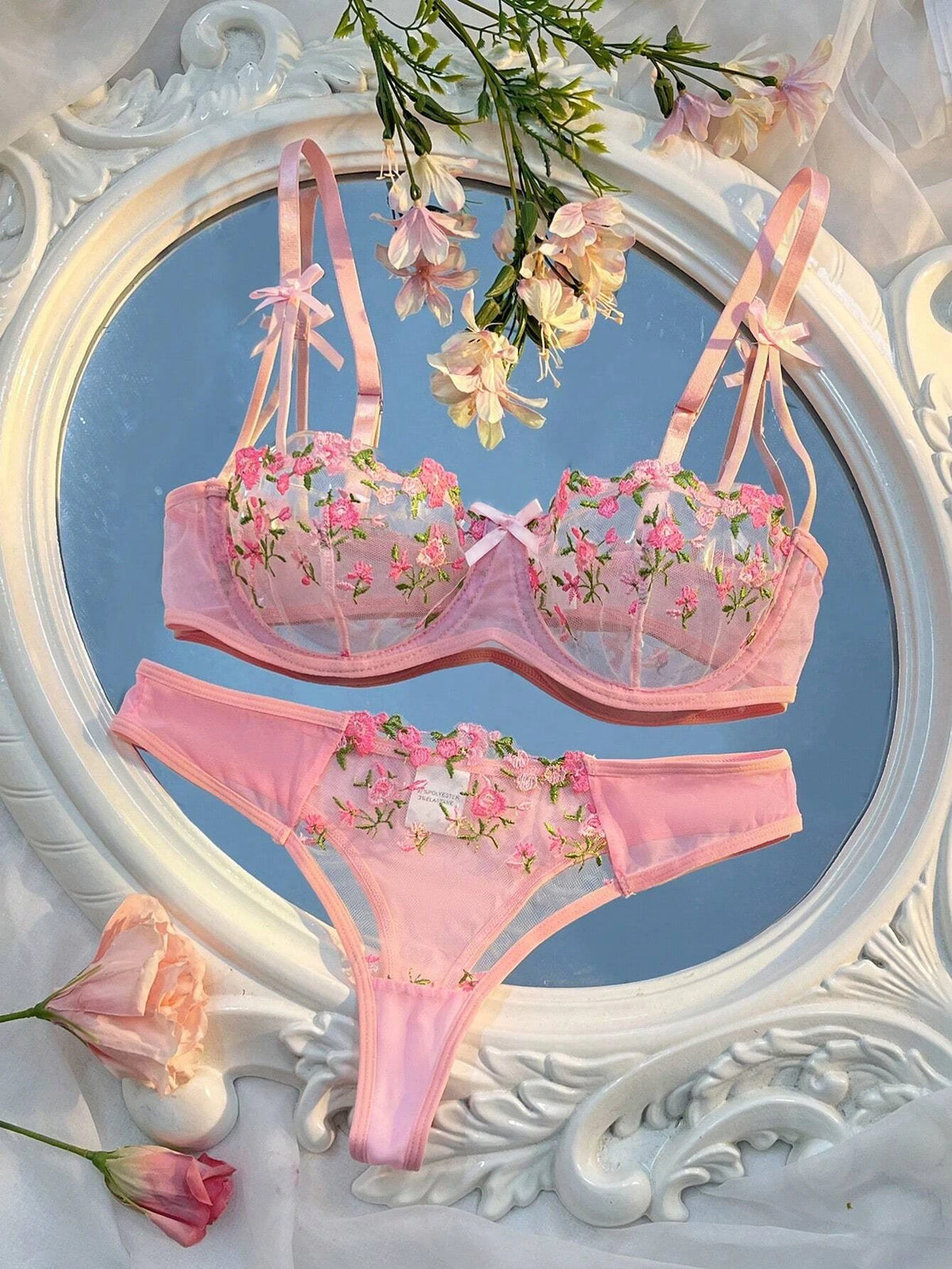 Pink Floral Embroidery Lingerie Set