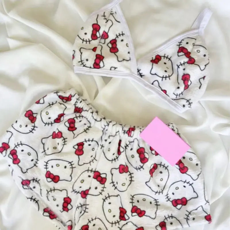 HelloKitty Cute Cartoon Women Pajama Set Vest Shorts Sleepwear Homewear Casual Outfit