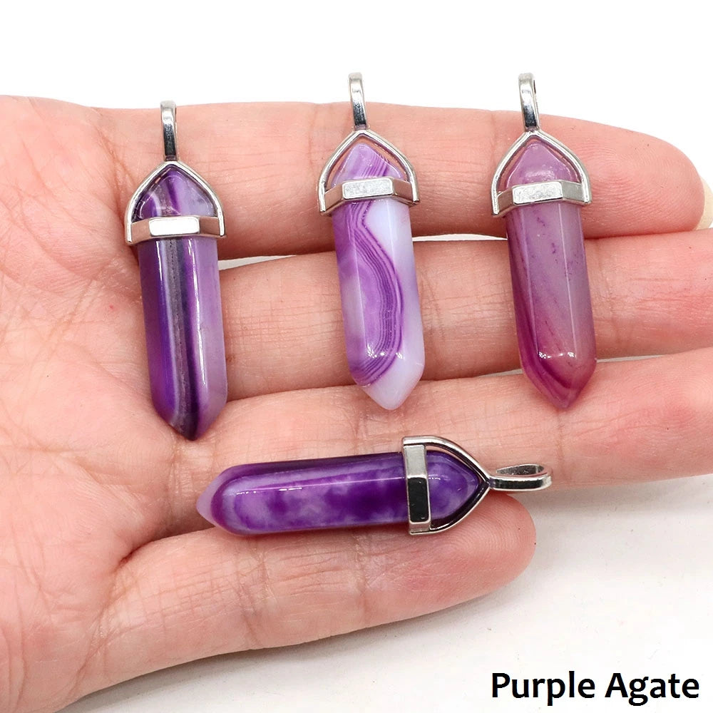 1PC Hexagonal Chakra Crystal Pendant Bullet Shape Natural Gemstone Pointed Quartz Stone Pendants for DIY Necklace Jewelry Making