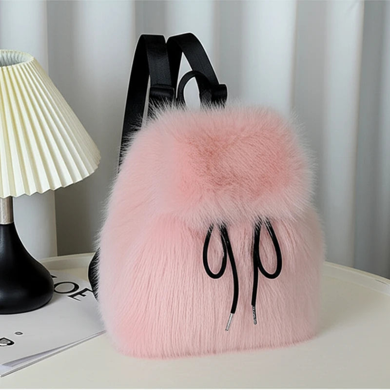 2026 Casual Faux Fur Backpack for Women Drawstring Flap Closure Large Capacity School Bag Trendy Travel