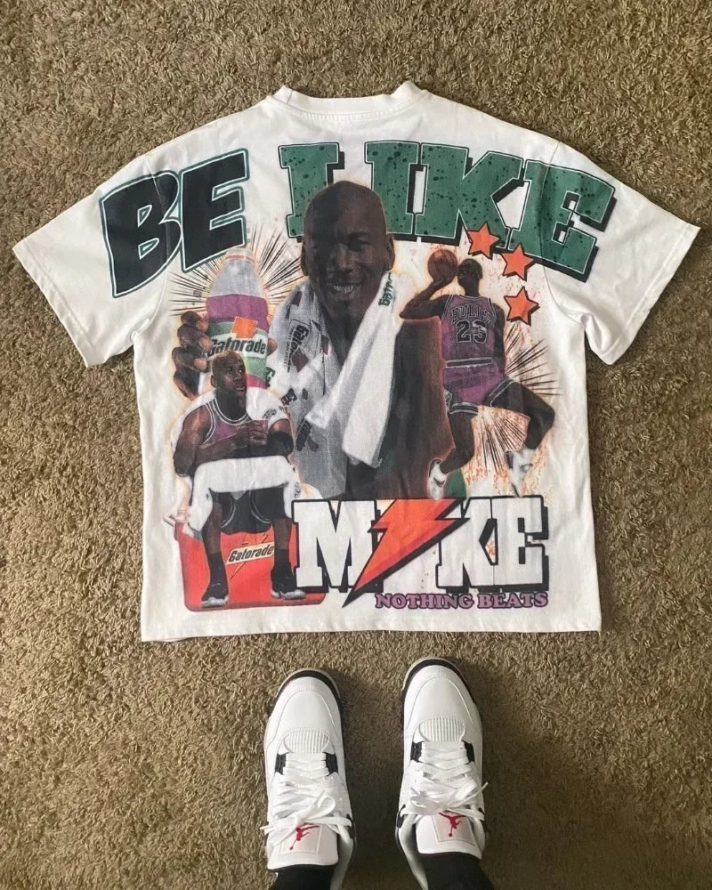 Summer Retro Letter Portrait Printed T-shirt for Men Y2k Fashion Harajuku Large Round Neck Short Sleeved Women Graphic T Shirts