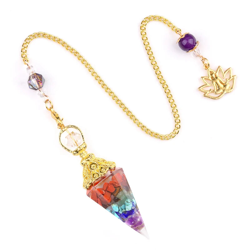Natural Stone Golden Chain Seven Chakra Spirit Pendulum Gravel Resin Healing Pendant For Jewelry Making Accessories Necklace