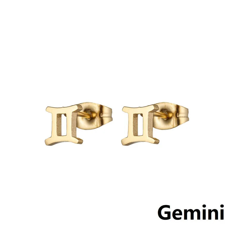 Stainless Steel 12 Constellation Earrings for Women Zodiac Sign Symbol Ear Studs Astrology Jewelry Girls Birthday Gift Accessory