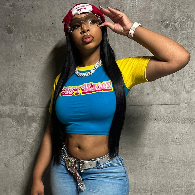 CUTENOVA Letter Printed Color Clashing Round Neck Pullover Spice Girls Short Halter Short Sleeve T-Shirt Tops For Y2K Girls Wear