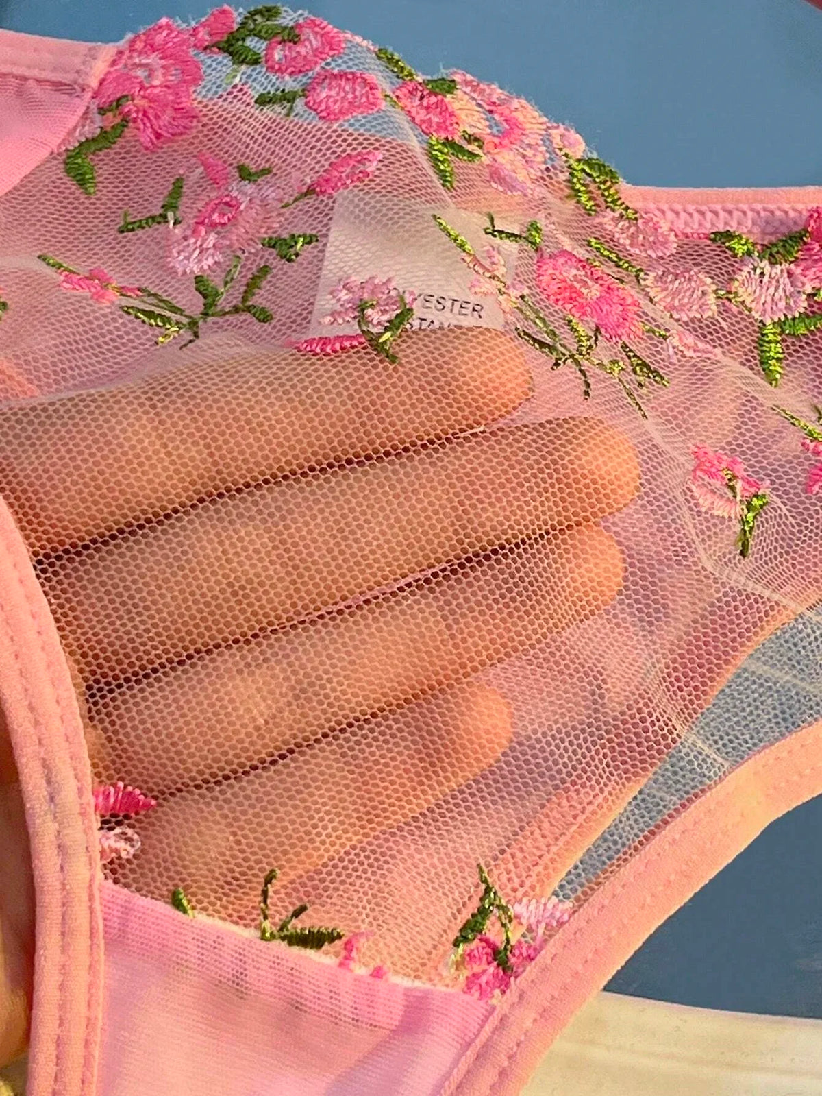 Pink Floral Embroidery Lingerie Set