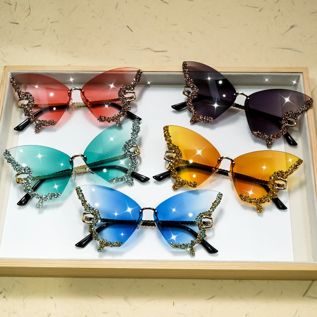 Butterfly Rimless Fashion Sunglasses for Women Men Bling Rhinestone Gradient Decorative Glasses for Costume Party