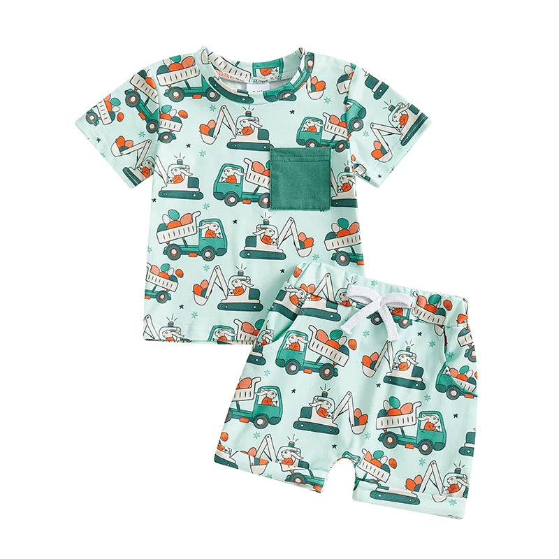 2024-12-23 Lioraitiin Summer Toddler Baby Boys Easter Outfits Bunny Pattern Crew Neck Short Sleeve T-Shirt with Shorts Set