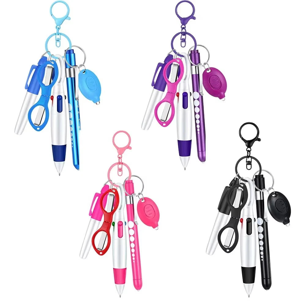 6in1 Multifunction Retractable Nurse Ball Pen Set Flashlight Foldable Scissors Ballpoint Pen Keychain Pens Permanent Marker
