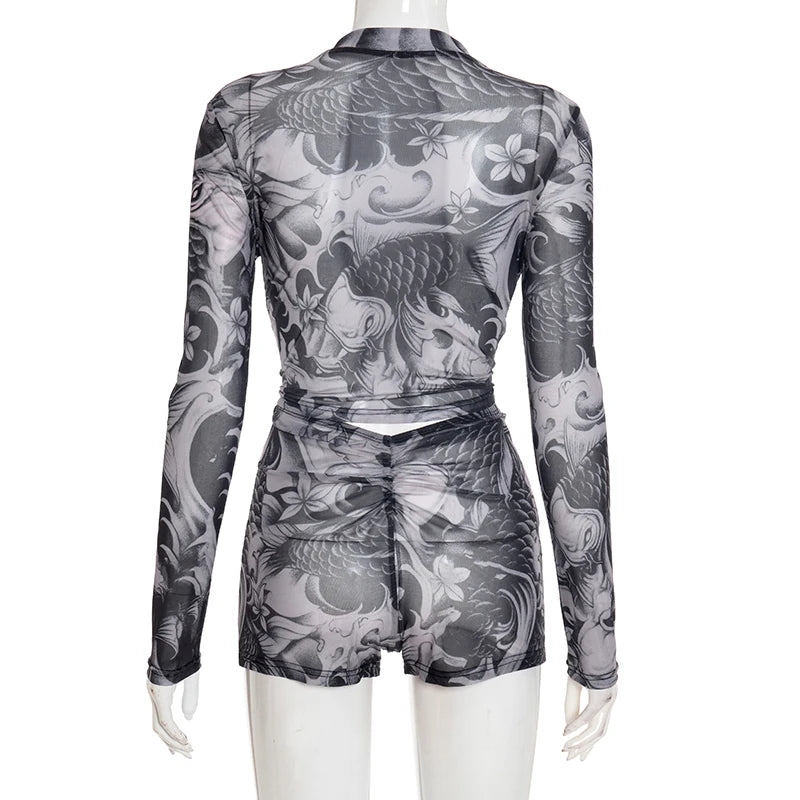 CUTENOVA Fall Women'S Sheer Patterned Print Set Zip-Up Crew Neck Long-Sleeve Top & Pleated Shorts Set Female Chic Streetwear