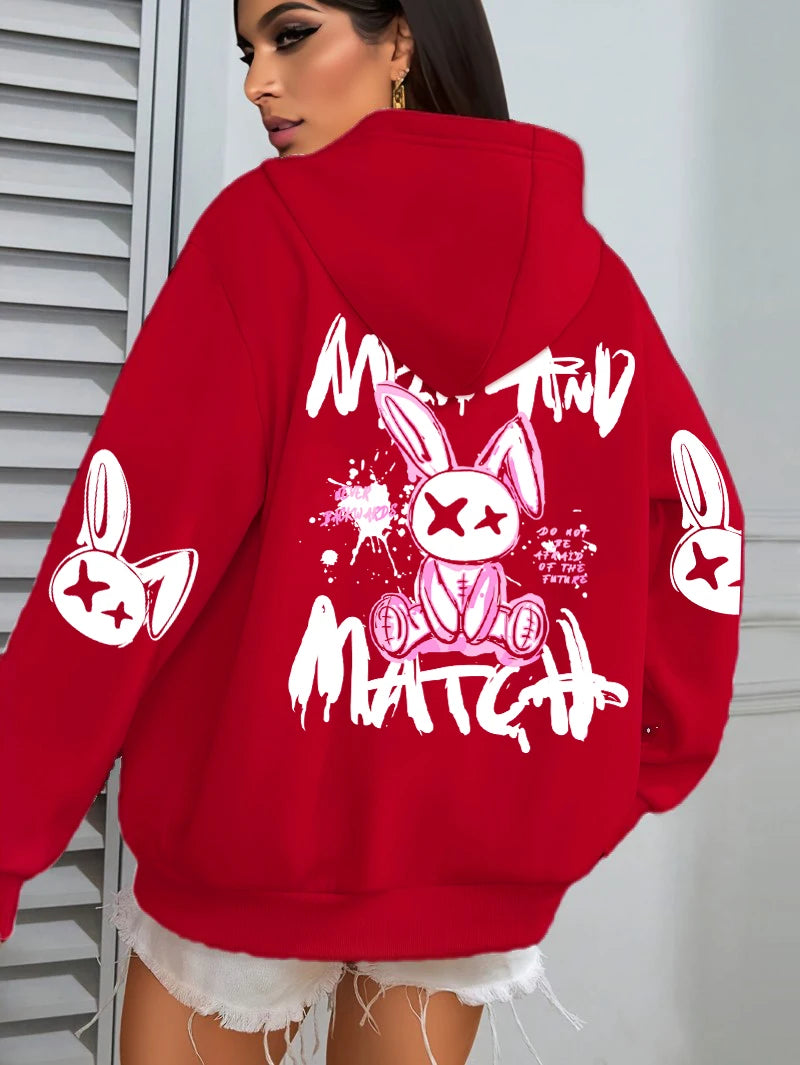 Mix And Match Cartoon Rabbit Prints Women Hoodie Pocket Streetwear Harajuku Loose Hoody All-Match Fleece Female Clothing