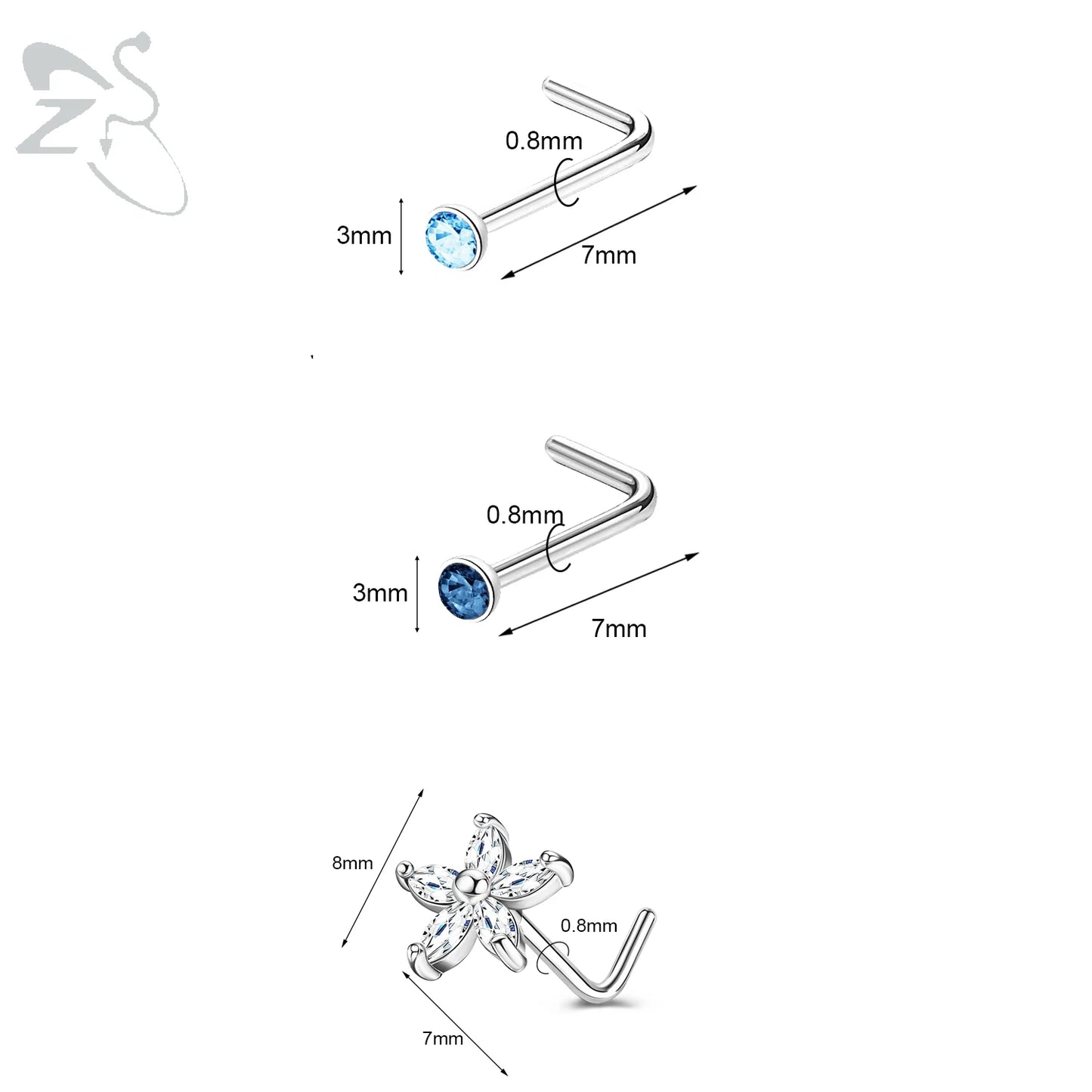 ZS 3pcs/lot 20G Stainless Steel Nose Stud Set Moon Heart Butterfly Crystal Nose Piercing Screw L Shape Nostril Piercing Jewelry