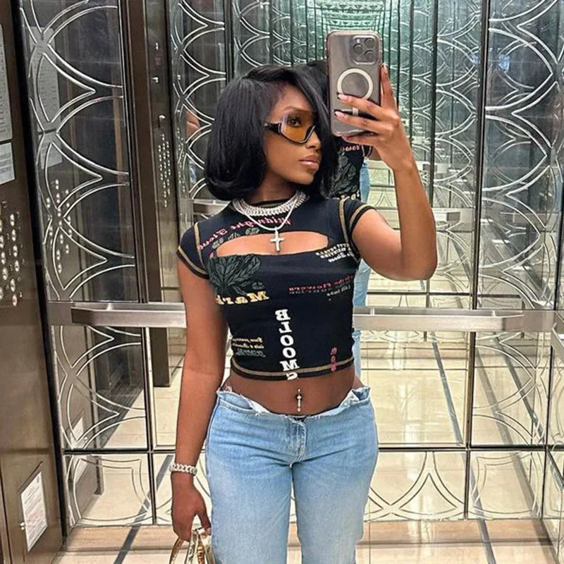 Hollow Out Crop Top Women Summer Aesthetic Clothes Printing Y2k Accessories O-Neck Ropa De Mujer Sexy Roupas Femininas Estilosas