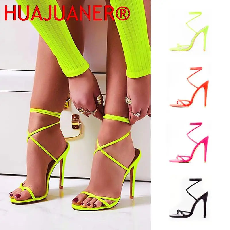 European Summer Sandals Candy Color Point Toe Lace Ankle Strap Party High Heels Pumps 11.5cm High Thin Heel Sandals Lady