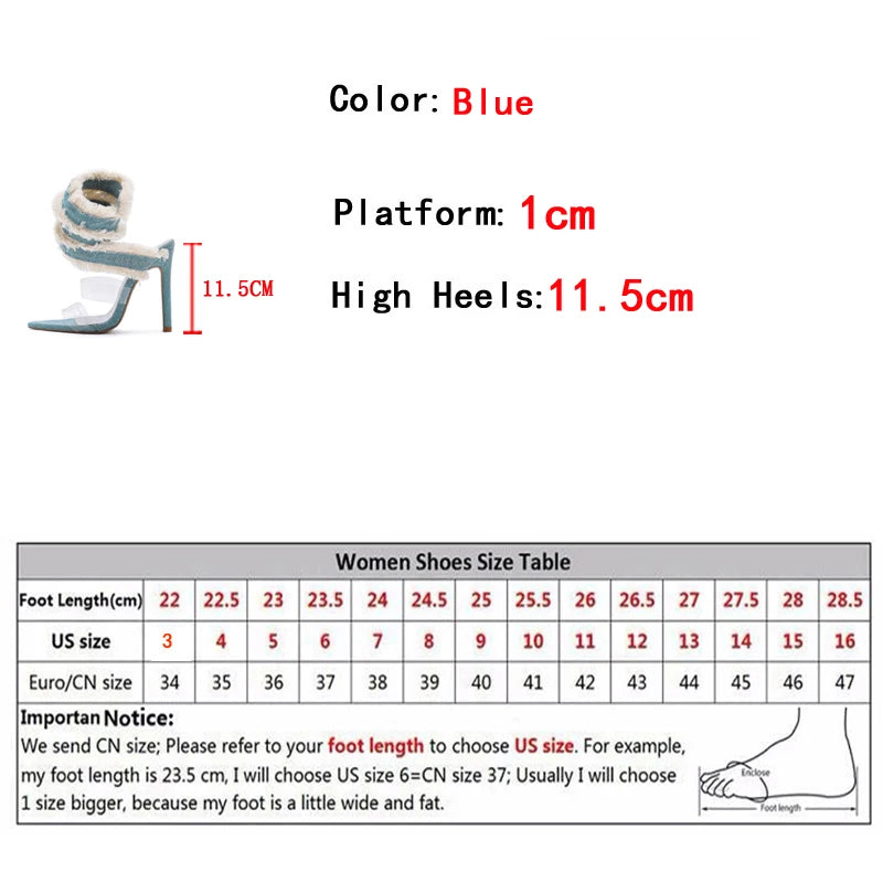 Denim Ankle Snake Strap Clear Heel Sandals
