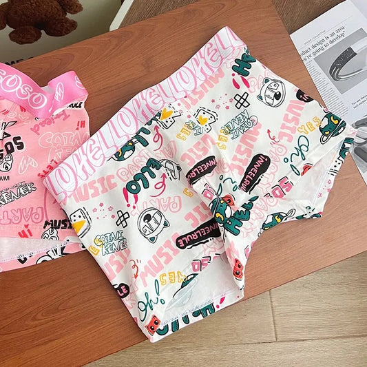 Trendy Pink Cotton Boxer Shorts for Men Cute Cartoon Design Bagged Four Corner Briefs Comfortable Breathable Men's Underwear