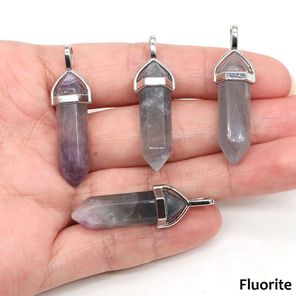 1PC Hexagonal Chakra Crystal Pendant Bullet Shape Natural Gemstone Pointed Quartz Stone Pendants for DIY Necklace Jewelry Making