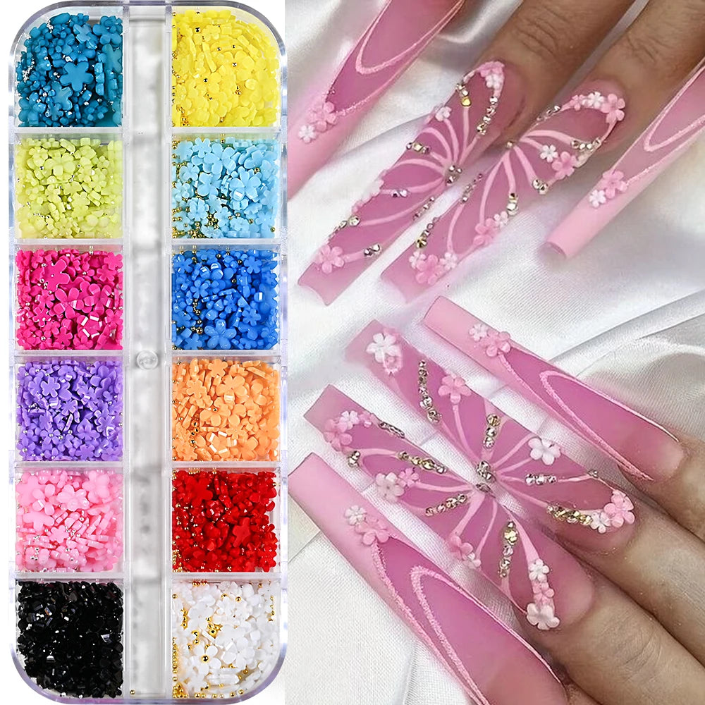12/15Grids Acrylic Flower Nail Charms Mix Colors Set 3D Flower Nail Art Rhinestones Mixed Blossom Spring Gems DIY Nail Supplies
