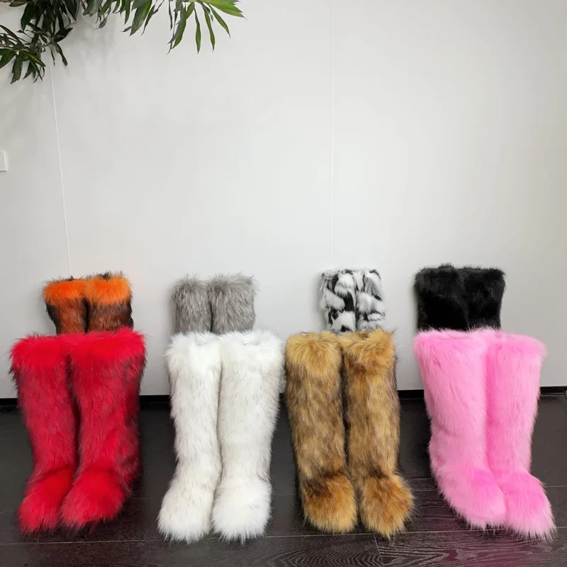 Womens Knee High Fuzzy Faux Fur Boots - Soft, Warm, and Comfortable Slip-on Design Furry Boots For Fall Winter