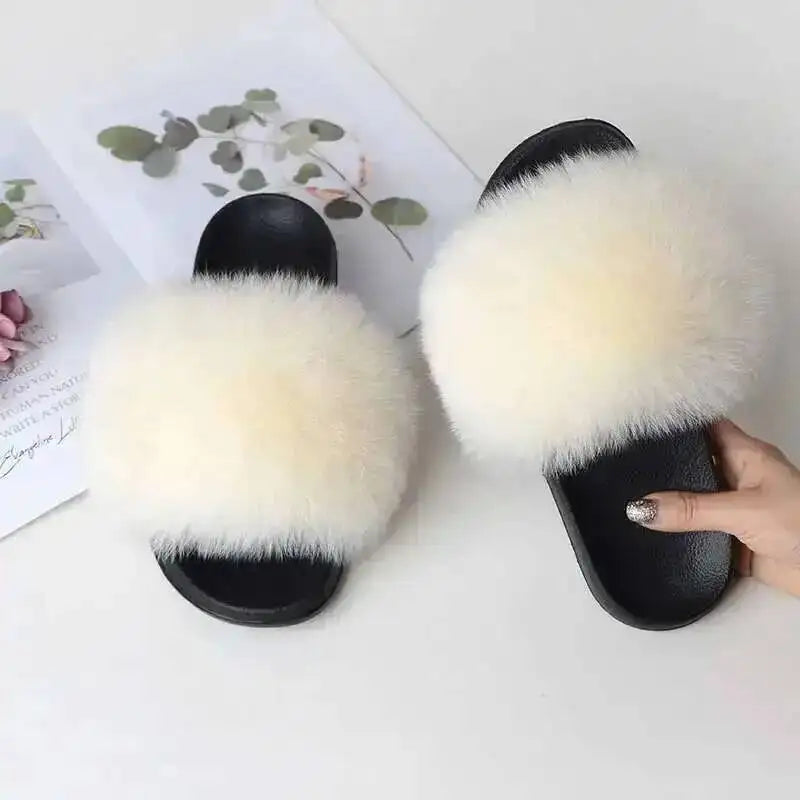 Ladies Real Fox Fur Slippers Summer Female Slides New Fuzzy Indoor Home Flats Women Cute Sandals Outdoor Beach Shoes Flip Flops