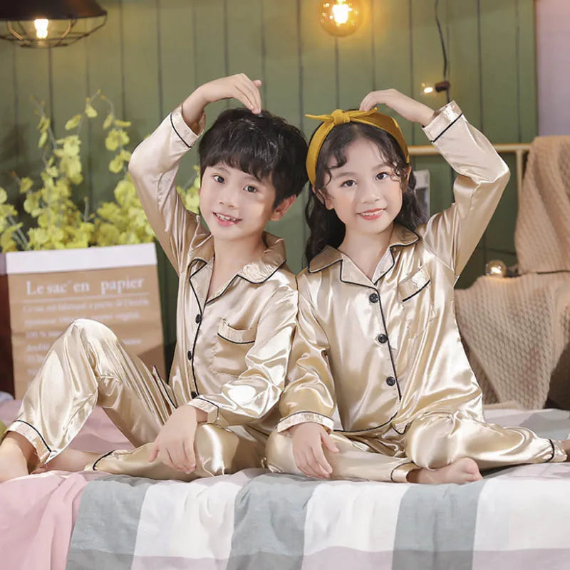 Children's Clothing Teen Girl Pink Satin Pajamas Long Sleeve Kids Homewear Clothes Boys Solid Nightshirt Silk Pijamas Baby Pjs