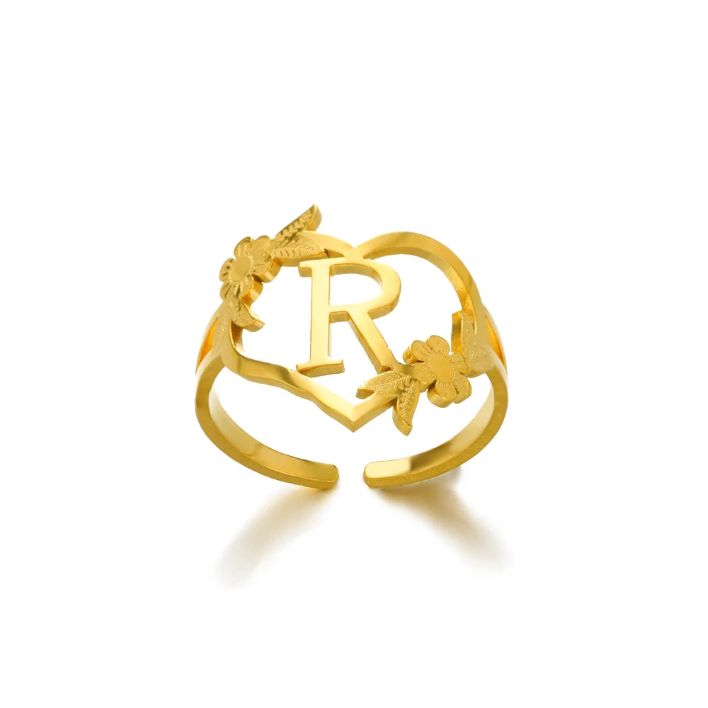 Stainless Steel Gold Color Heart A-Z Letter Rings For Women Anillos Mujer Love Open Initials Name Alphabet Ring Jewelry Gift
