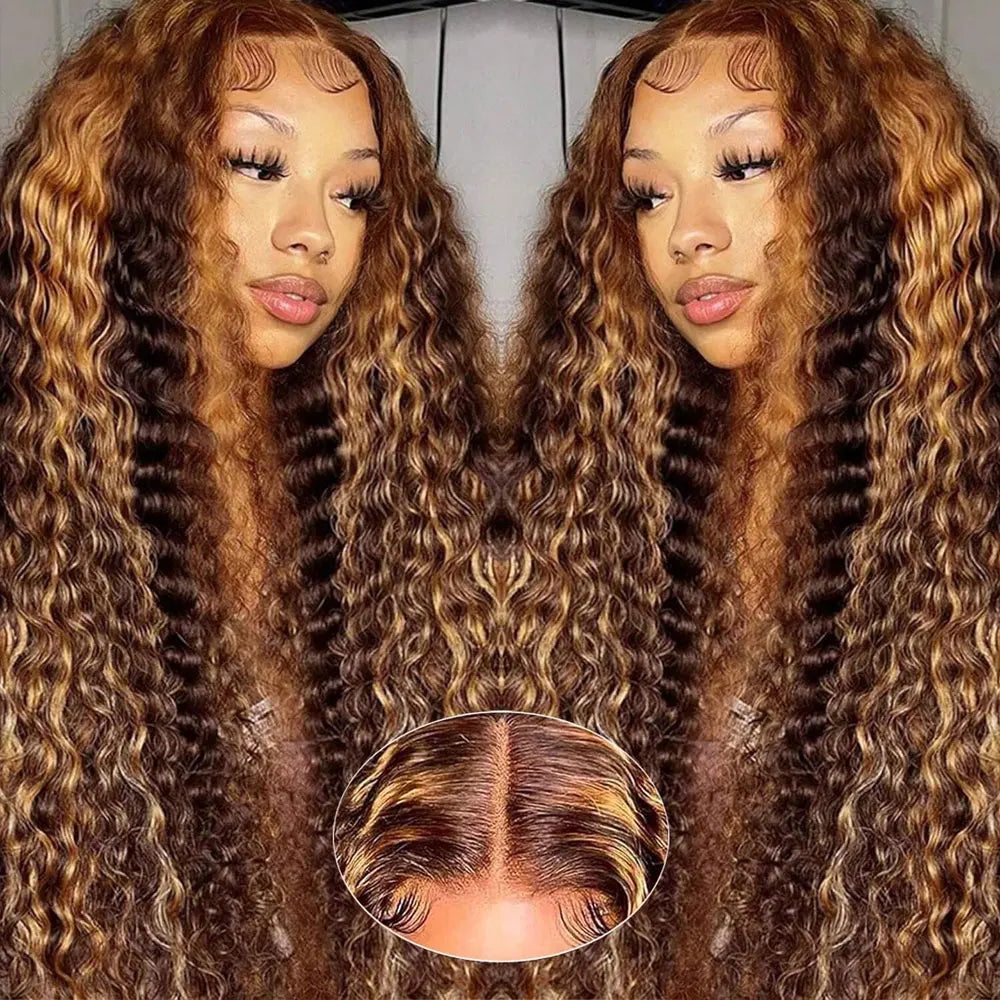 250% Density Highlight Colored 13x4 Lace Frontal Human Hair Wig Brazilian 4/27 Deep Wave Human Hair Wigs For Women Pre Plucked