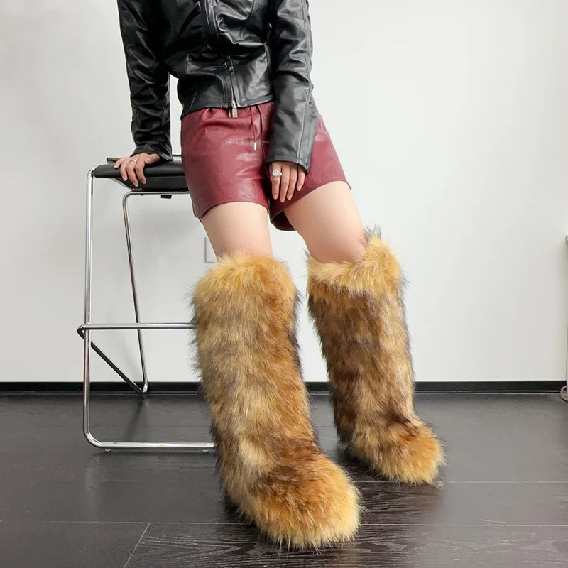 Womens Knee High Fuzzy Faux Fur Boots - Soft, Warm, and Comfortable Slip-on Design Furry Boots For Fall Winter